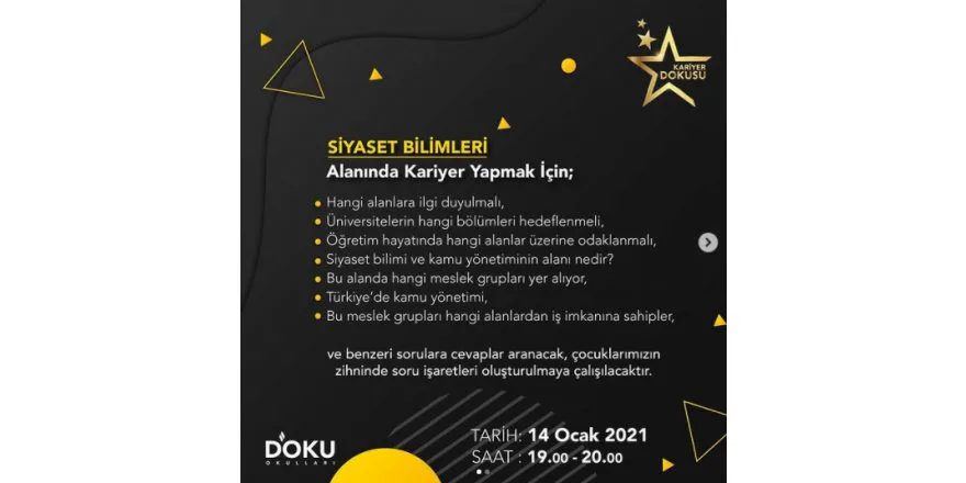 KARİYER DOKUSU etkinliklerimiz kapsamında öğrencilerimizde bir meslek farkındalığı oluşturmak istiyoruz. Bu kapsamda bu haftaki konuğumuz Bürokrat Abdullah Celil ÖZ olacaktır.